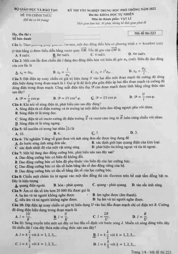 Đề thi tốt nghiệp THPT năm 2022 môn Vật lý và gợi ý giải đề